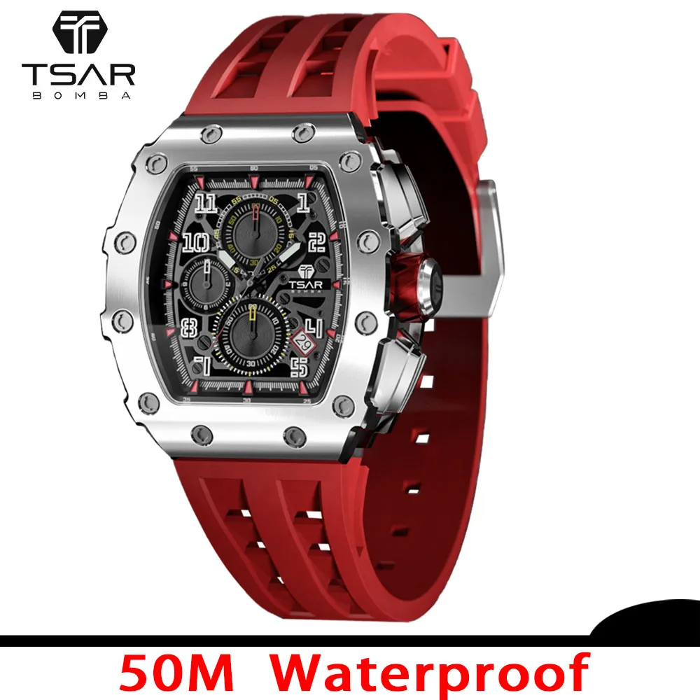 TSAR BOMBA Mens Watches Luxury Sport Chronograph Quartz Wristwatch Sapphire Glass Stainless Steel Tonneau Design Watch for Men
