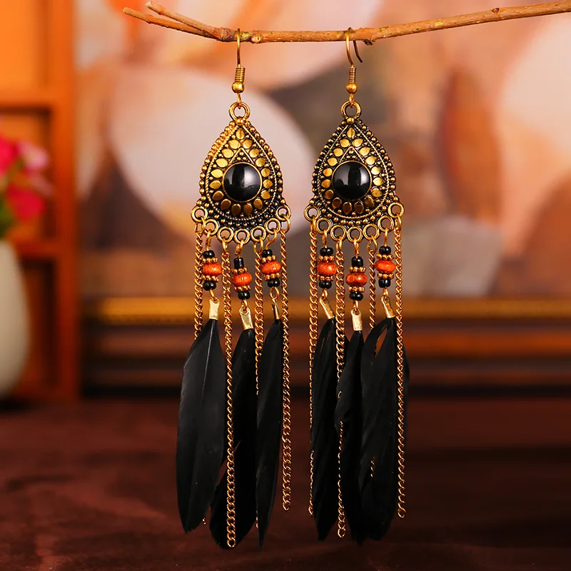 

Retro Palace Style Women's Feather Earrings Ins Long Water Drop Painting Oil Rice Bead Earrings Holiday Style Charm Christmas