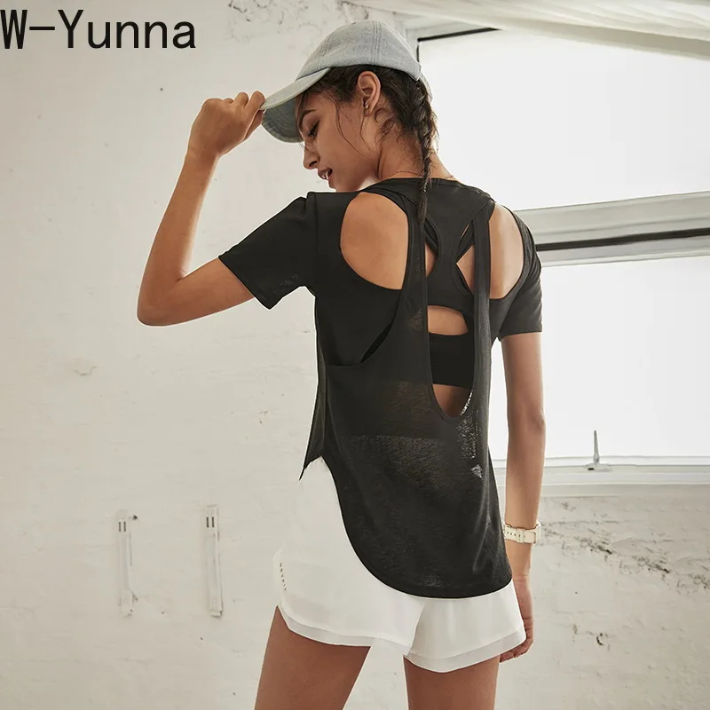 Новинка сексуальные футболки для тренировок W-Yunna с открытой спиной женская