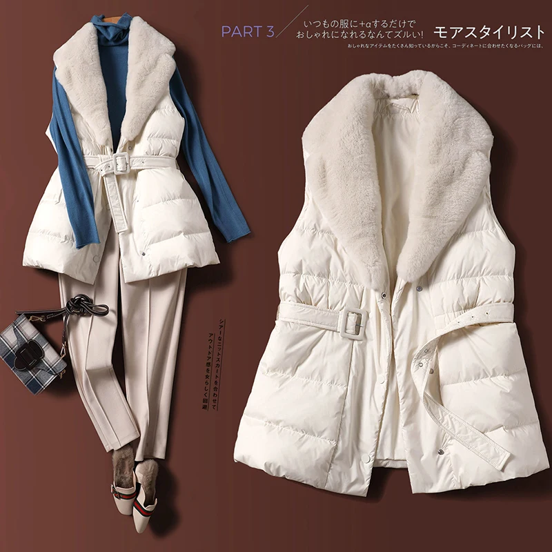 

Зимний женский пуховик SHUCHAN со съемным кроличьим воротником, теплая безрукавка, тонкий жилет с регулируемой талией