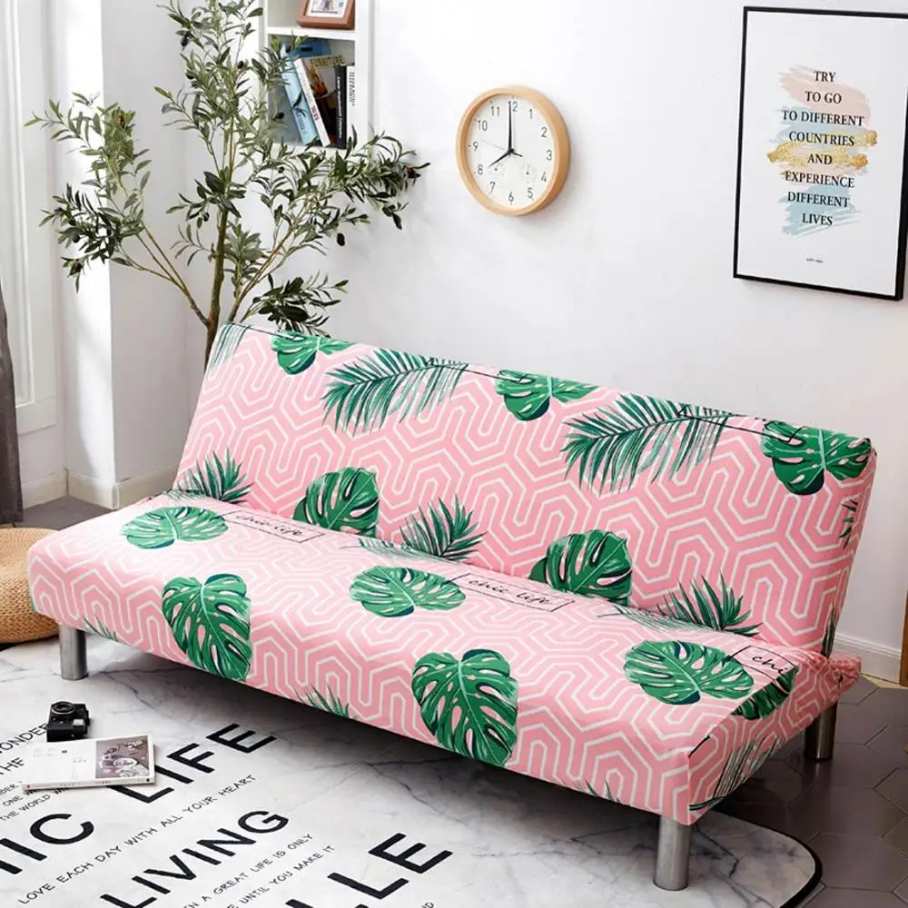 

INS Pink Green Leaves Print Stretch Elastic No Armrest Sofa Cover Armless Slip Cover Polyester/Spandex Living Room Parlour