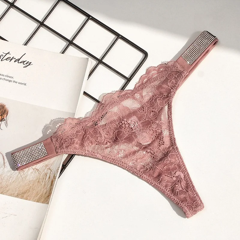 

Sexy Women Underwear Rhinestone Letter Thongs Lace Transparent T Back for Female Low Rise Soft Ladies Panties Black Lingerie
