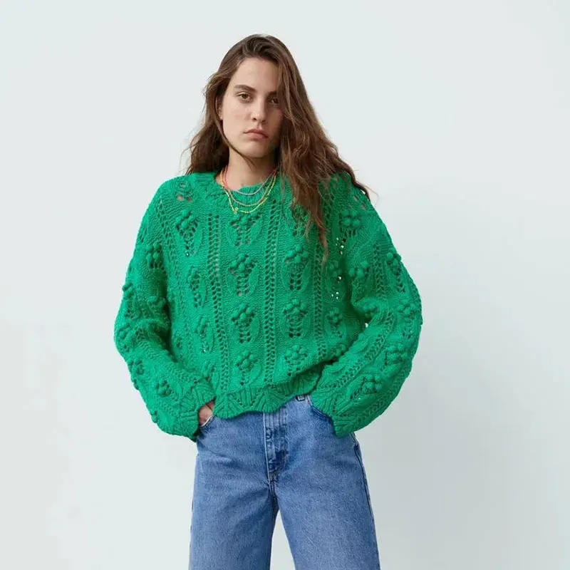 

Женский зеленый осенний свитер Nlzgmsj Za 2021, ажурный вязаный пуловер, женский свободный Модный Топ с длинным рукавом, 202107