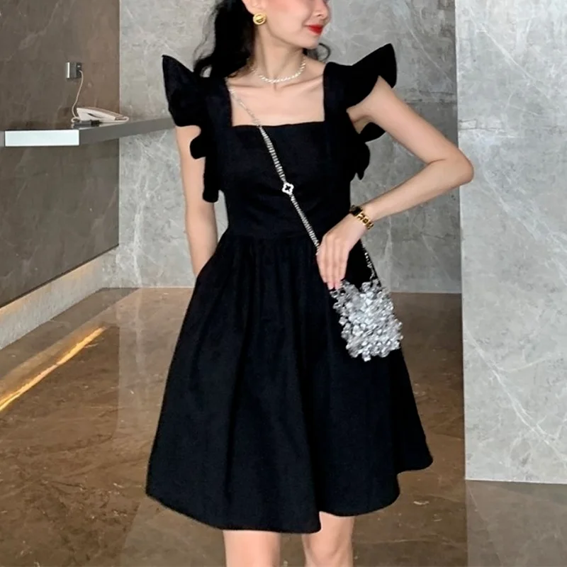 

Summer Mini Black Dress Woman Sexy Flying Sleeve Evening Party Dress Femme Chic Design Y2k Dress Women Korean One Piece 2021 New