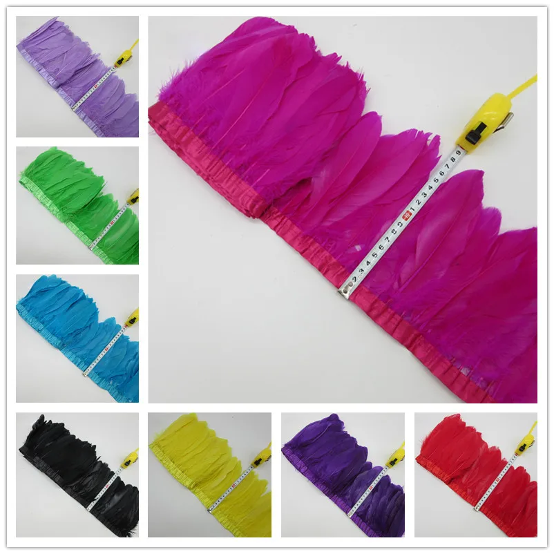 

Hot Sale Goose Feather Trims 10 yards/Lot Dyed Real Geese Feather Fringes Ribbons for Dress Skirt Cloth Belt decorative Clothing
