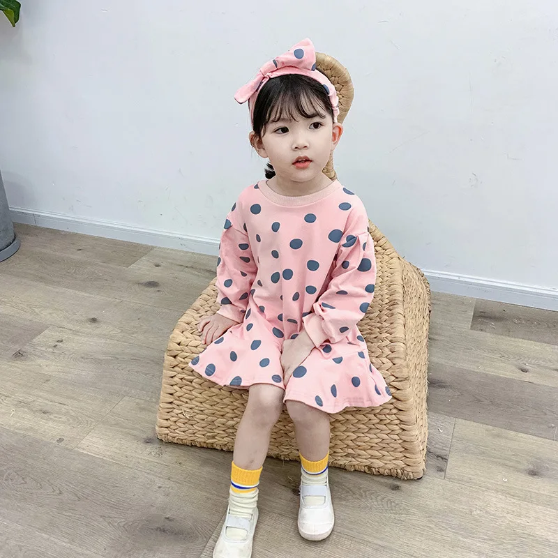 2019 Girl Baby Dot Princess Dress+Headwear Girls Kids Printed Fashion Long Sleeved Dresses Children Vestidos Clothes | Детская одежда и