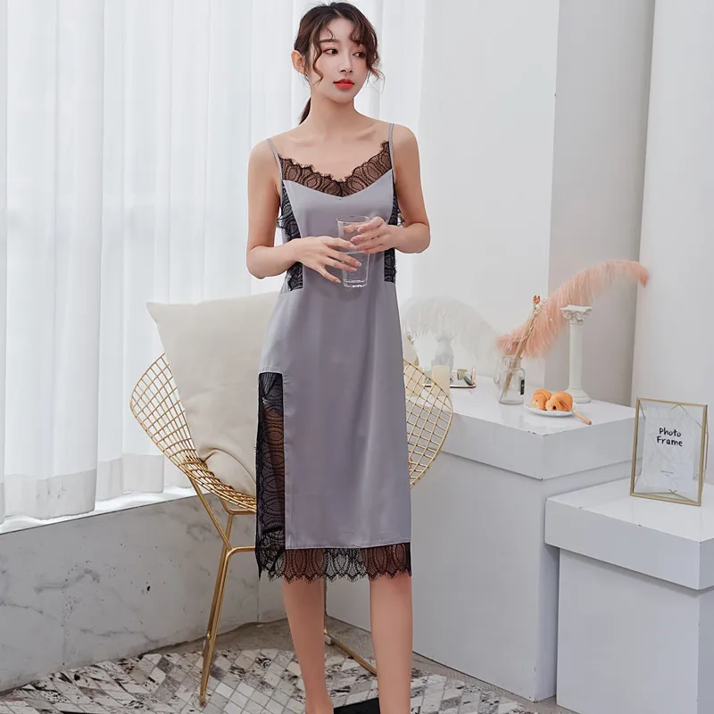

Summer Women's Sleepwear Female Sexy Spaghetti Strap Nightgown One Size Faux Silk Nightdress Long Dress Gown