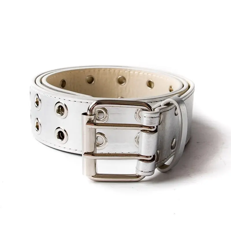 

Fashion Women Punk Chain Belt Adjustable Black Double Eyelet Grommet Metal Buckle Leather Men Waistband For Jeans