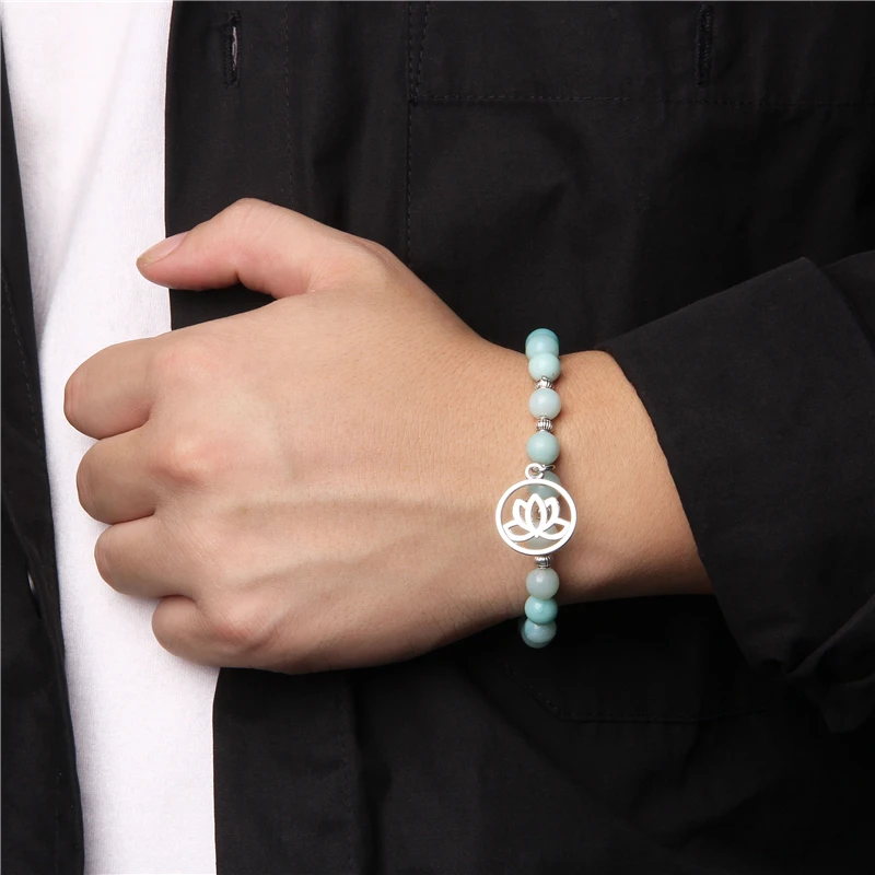 

Natural Blue Amazonite Stone Beads Bracelet Lotus Smiley Snowflake Charm Styles Meditation Bracelets Women Men Exquisite Jewelry