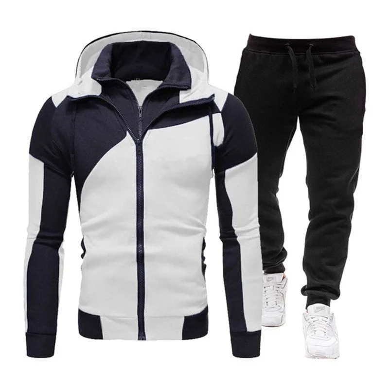

2021 new fashion solid color suit sportswear men's stitching sportswear suit 2-piece running suit hoodie + pants jogging suit