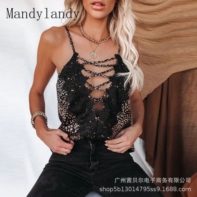 

Mandylandy Sexy Camis Women Summer Streetwear Tank Tops Solid Color Sleeveless V-neck Lace Tanks Stitching Strap Sling Top Tees