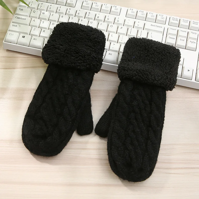 black Корейские модные крученые Варежки женские осенние и зимние толстые теплые вязаные шерстяные перчатки - Цвет: black