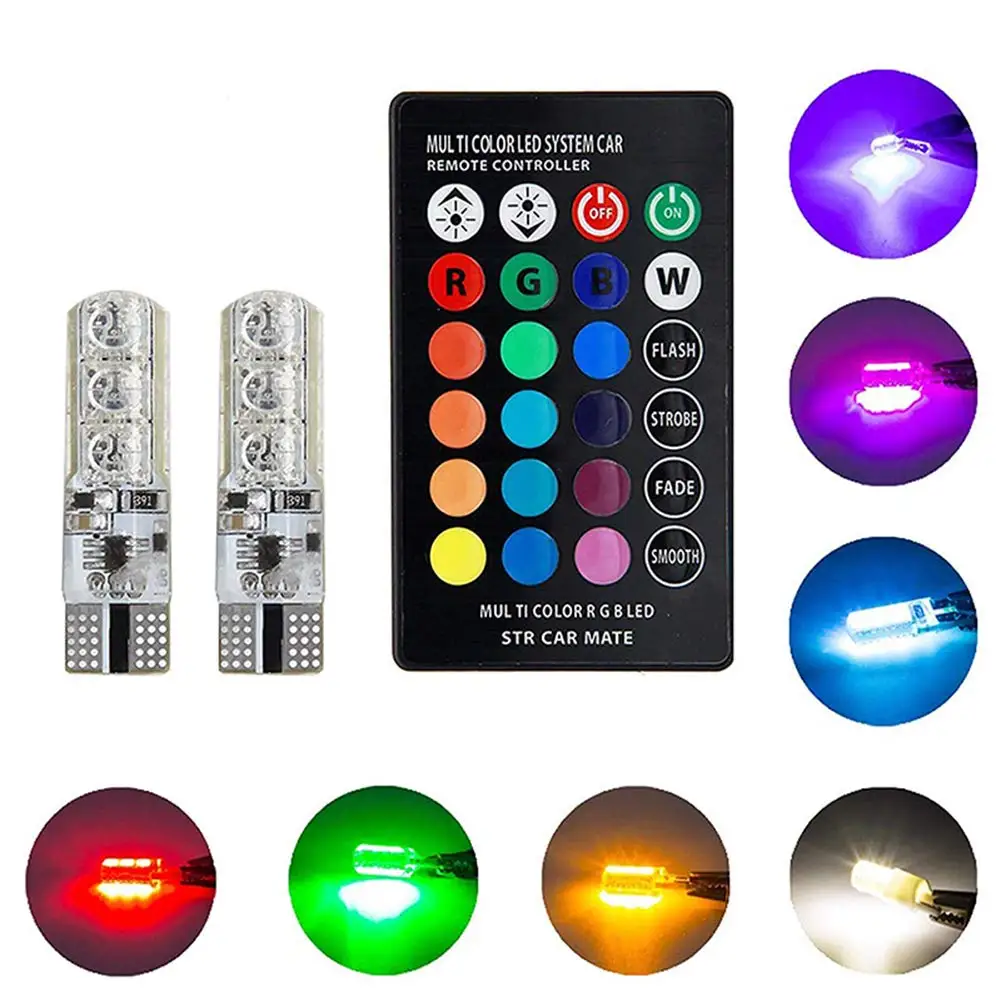 2 шт. T10 RGB светодиодный Автомобильный свет светодиодный лампы W5W с сигналами красного, зеленого и синего цвета с дистанционного Управление 194 168 501 Стробоскопическая Светодиодная лампа Лампы для чтения Белый Красный Янтарный 12V