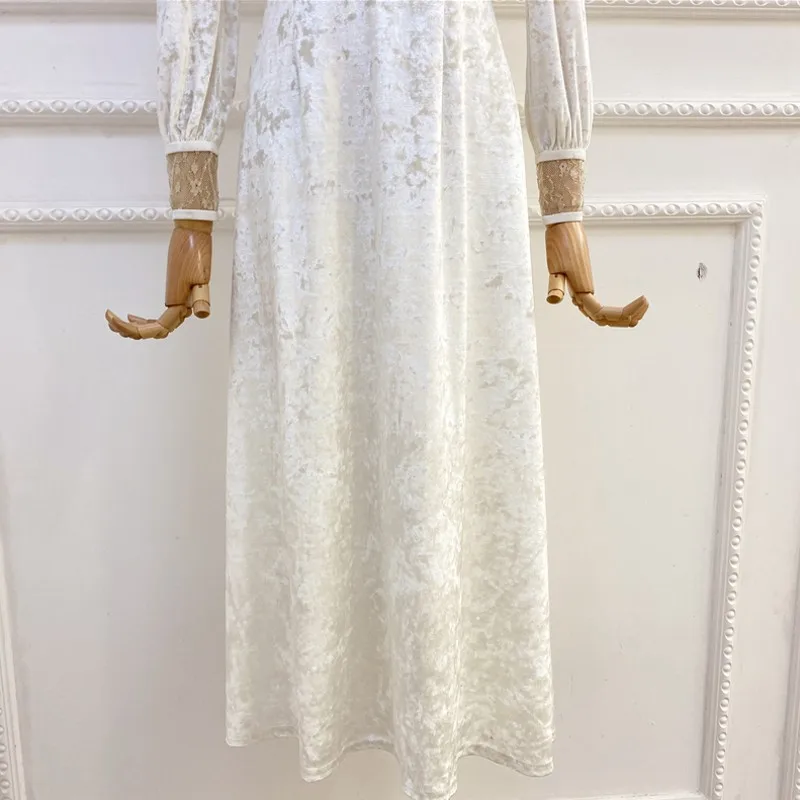 

Elegant Women Vintage Folds Sexy Lace Dress Golden Velvet Spliced Pearl Button V-Neck Office Lady Puff Sleeve Ankle Length Dress