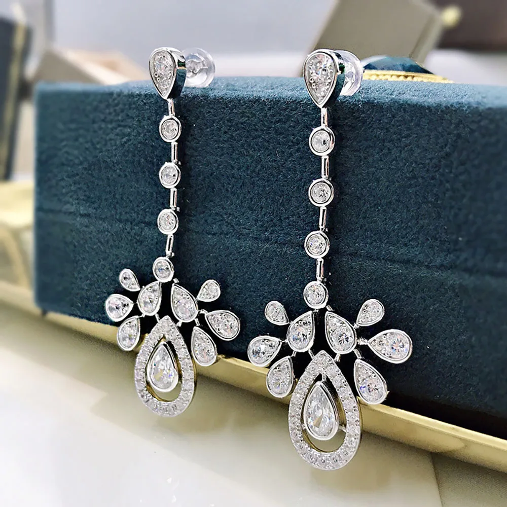 

2021 Luxury 925 Sterling Silver High Carbon Diamond Long Pendant Earrings For Women Charms Wedding Engagement Fine Jewelry Gift