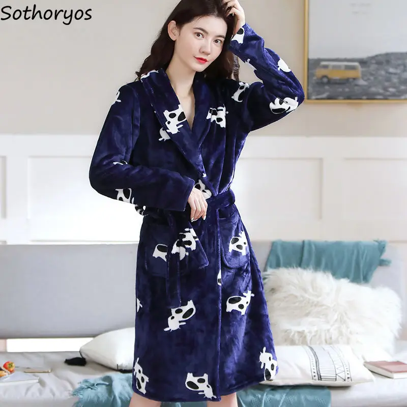 

Robes Women Printed Flannel Autumn Winter Warm Casual Loose Simple Bathrobes Womens Elegant Plus Velvet Robe Sleepwear Ulzzang