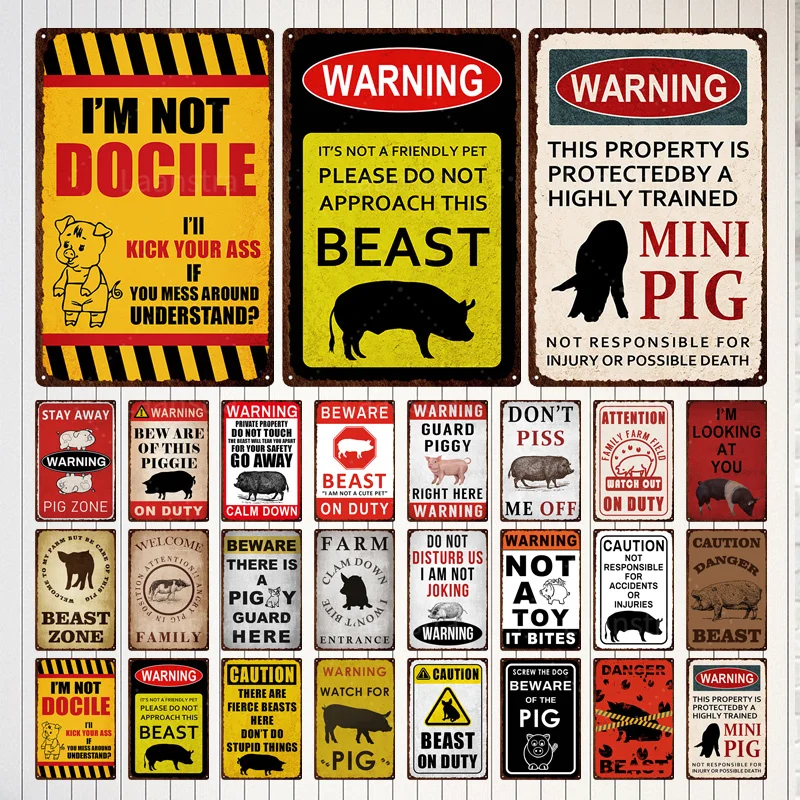 

Farm Warning Sign Tin Poster Vintage Metal Sign Caution Pig Plate Warning Decorative Art For Zoo Piggy Farm House Iron Painting