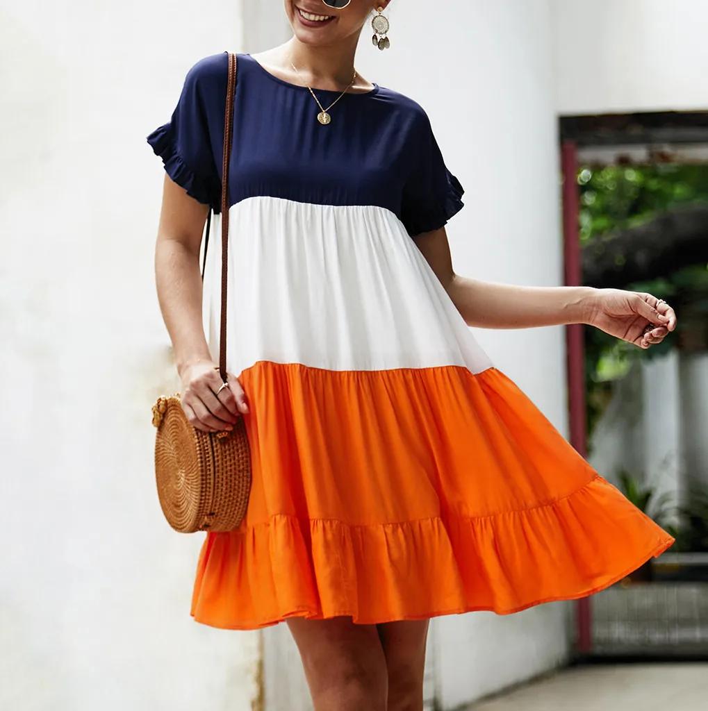 2019 летние современные женские повседневные Лоскутные с круглым вырезом новые