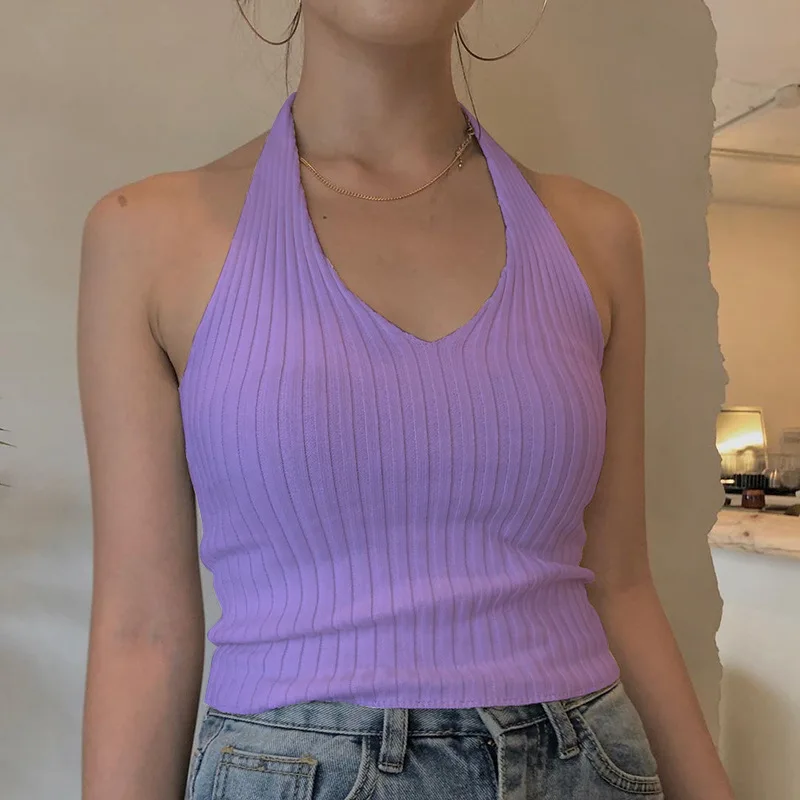 

Halter Crop Top Women Knitted Sexy V Neck Backless Sleeveless Strapless Tube Top Cute White Black Tank Top Female Summer 2020