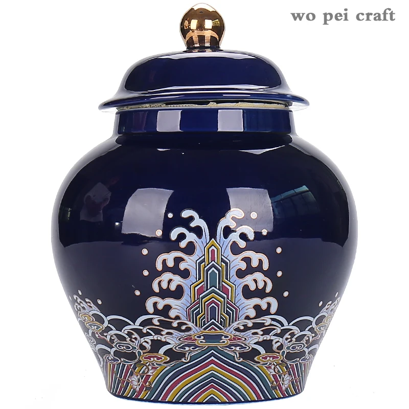 

Chinese Palace Ceramic Tea Caddy Blue and White Porcelain Living Room Furnishings Classic Vintage Home Decor Crafts Storage Jar