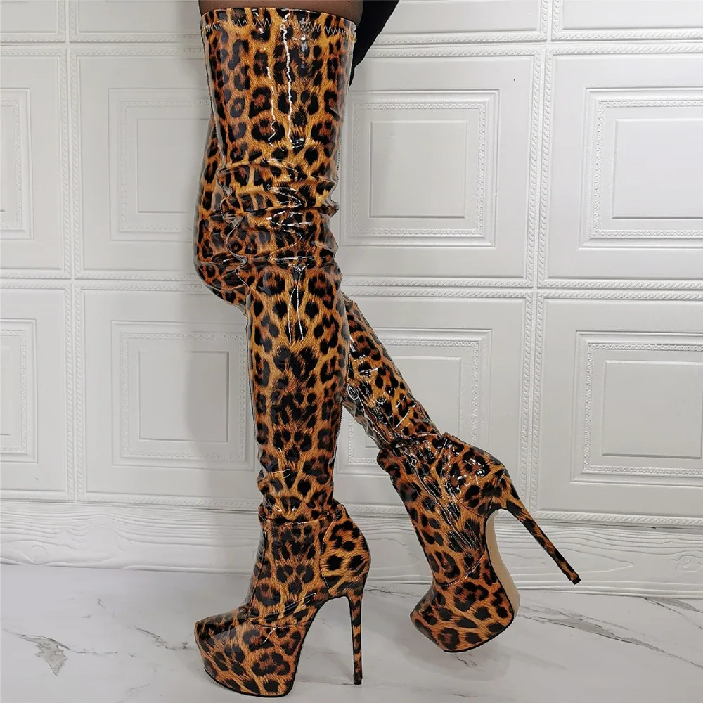 

Sexy Thigh High Tube Boots Patent Leather Leopard Thin Heel 16cm Super High Heels Platform Night Boots Shoes Fashion Woman Botas