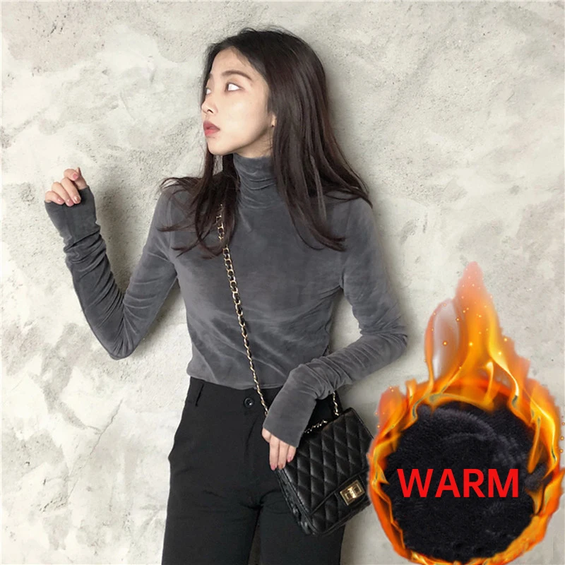 Женская флисовая водолазка теплая бархатная офисная футболка с длинным рукавом