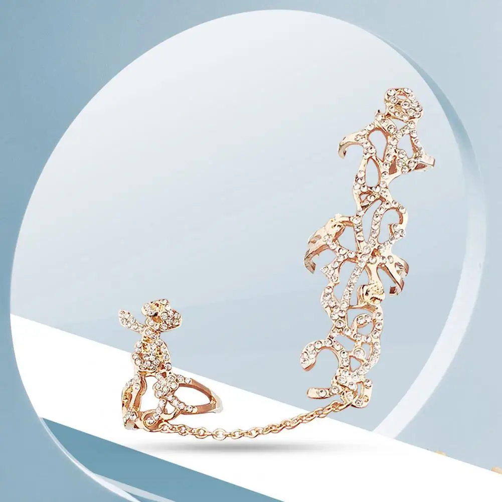

Women Rings Fashion Adjustable Rhinestone Embedded Knuckle Ring Hollow Rose Flower Knuckle Chain Lady Ring for Party