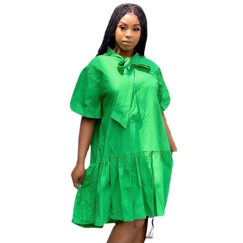 

Plus Size African Clothing Women Summer Dress O Neck with Bow Casual Dresses 2021 New Short Sleeve Green Birthday Party Dress