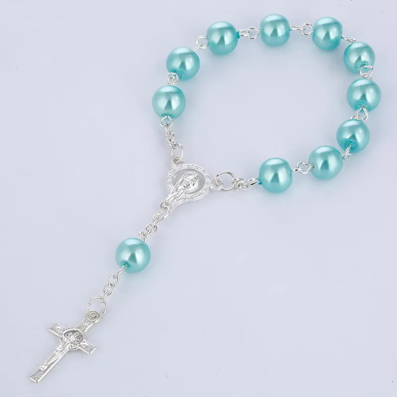 

8MM Glass Pearl Catholic Rosary Bracelet Glass Beads Decade Rosary Many Colors 12 Pcs/ Lot