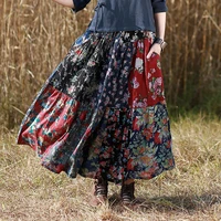 summer womens skirt bohemian style print skirt chinese style elastic waist patchwork skirt long skirts