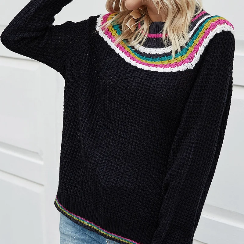 Модный женский свитер в этническом стиле, вязаный свитер с круглым вырезом и длинными рукавами от AliExpress WW