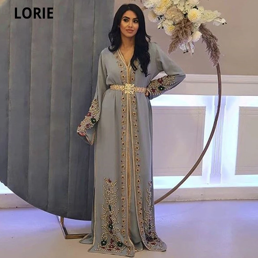 Фото LORIE Celebrity Evening Dresses Moroccan Caftan for Women Lace Appliques Beading Formal Silver Grey Prom Party Gowns Long Sleeve №1