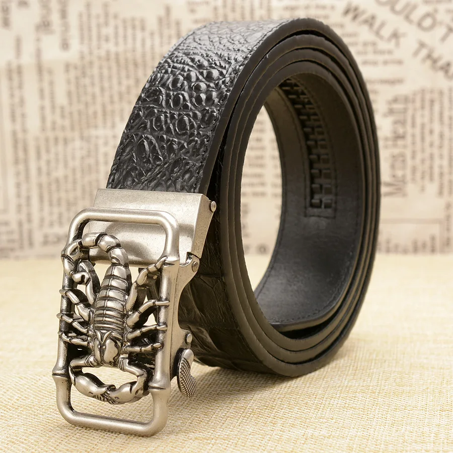 Мужской кожаный ремень с автоматической пряжкой и золотым скорпионом роскошный