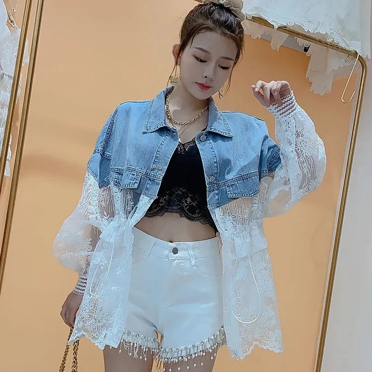 

2021 new sunscreen clothing women's spring and summer thin denim stitching embroidered lace loose casual coat tide