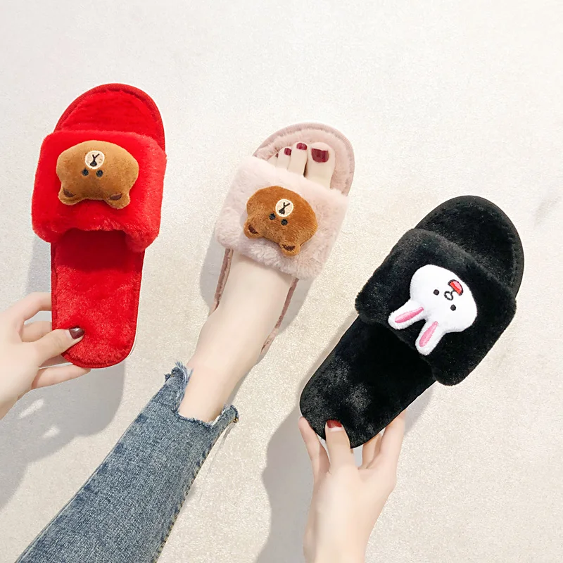 

High Quality Women Slippers Winter Warm Fur Boys Girls House Shoes Heel Home Indoor Bedroom Lovely Comfort Cartoons Open Toe