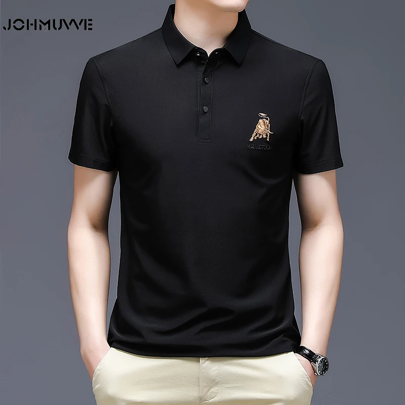 

JOHMUVVE Men Casual Lapel POLO Short-Sleeved Letter Taurus Embroidery Men Fashion Lapel Cotton T-Shirt Summer