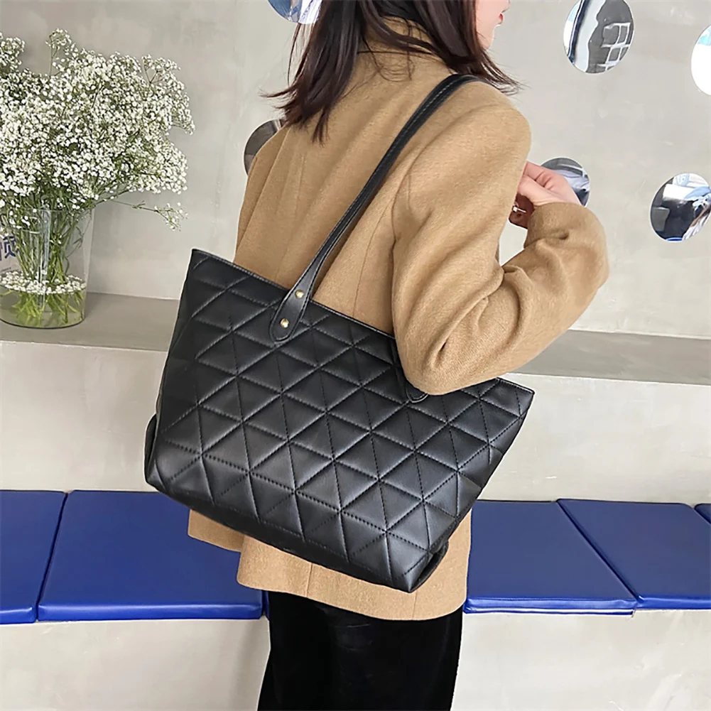 

Women PU Leather Embroidery Thread Tote Bag Designer Diamond Lattice Top-handle Bag Solid Color Large Capacity Handbags