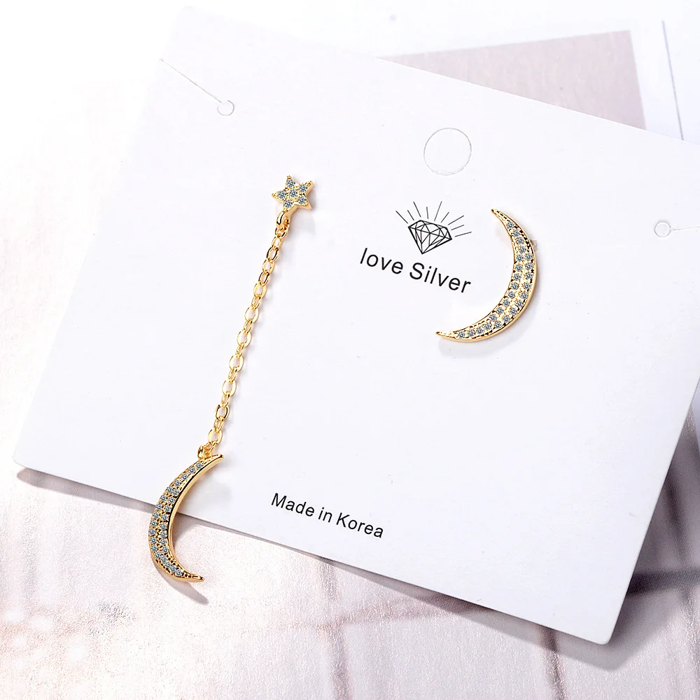 

CH-1267 Sterling Silver Needles Sweet Stars Moon Asymmetric Zircon Drop Earrings Net Celebrity Long Ear Jewelry Wholesale Female
