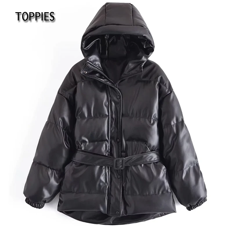 

Пальто женское из искусственной кожи с капюшоном и ремнем, зимнее, 2021