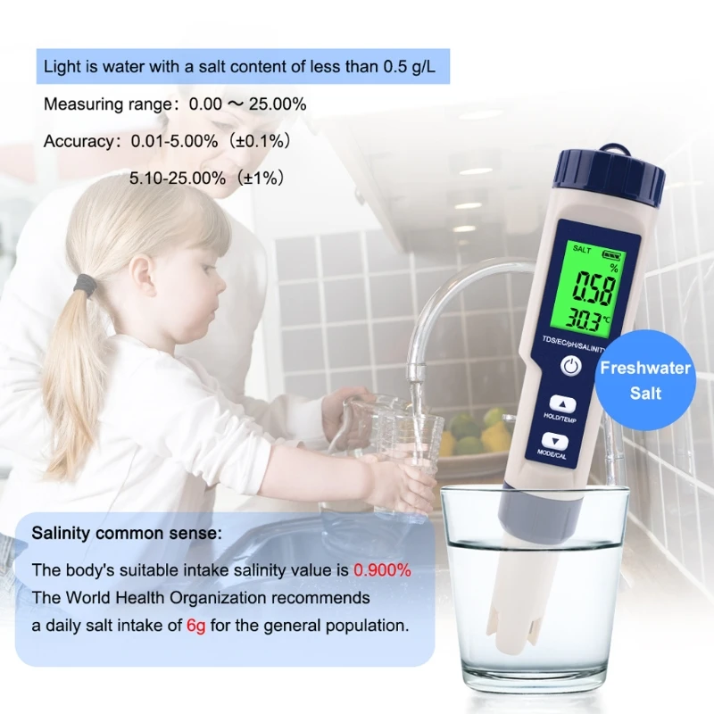 

5 in 1 TDS/EC/PH/Salinity/TEMP Water Quality Tester With Electrode Replaceable Can Measured Non-sea Salinity EZ-9909