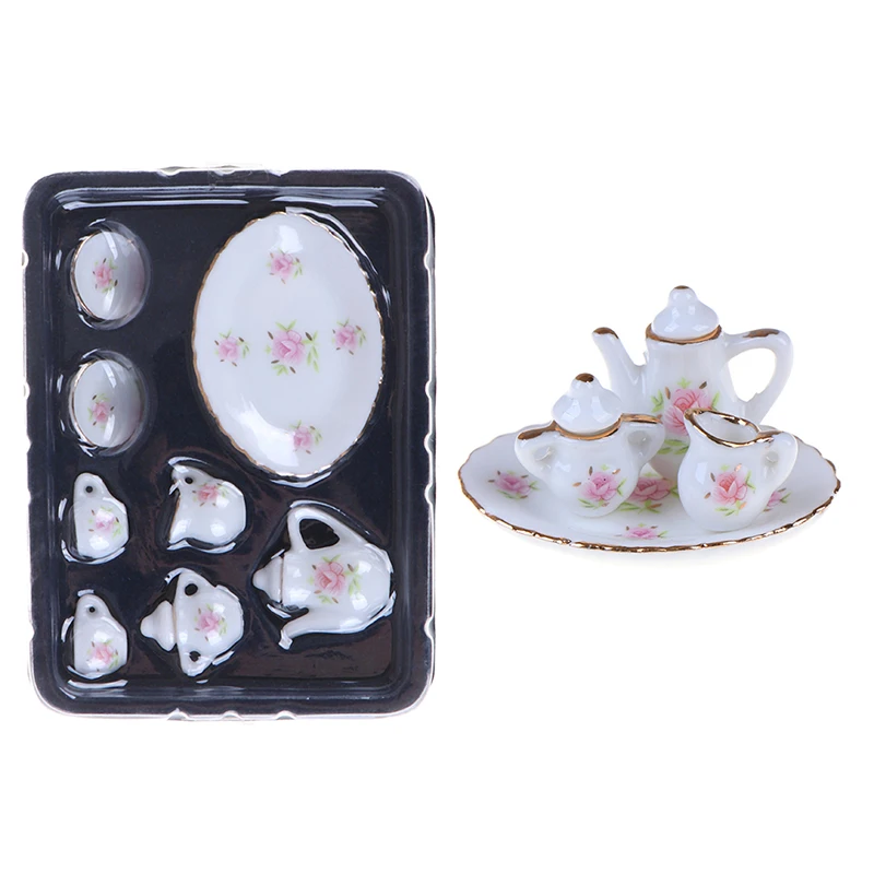 

8Pcs/set Scale 1/12 Dollhouse Miniature Dining Ware Porcelain Tea Set Dish Cups Baby Kids Furniture Toys