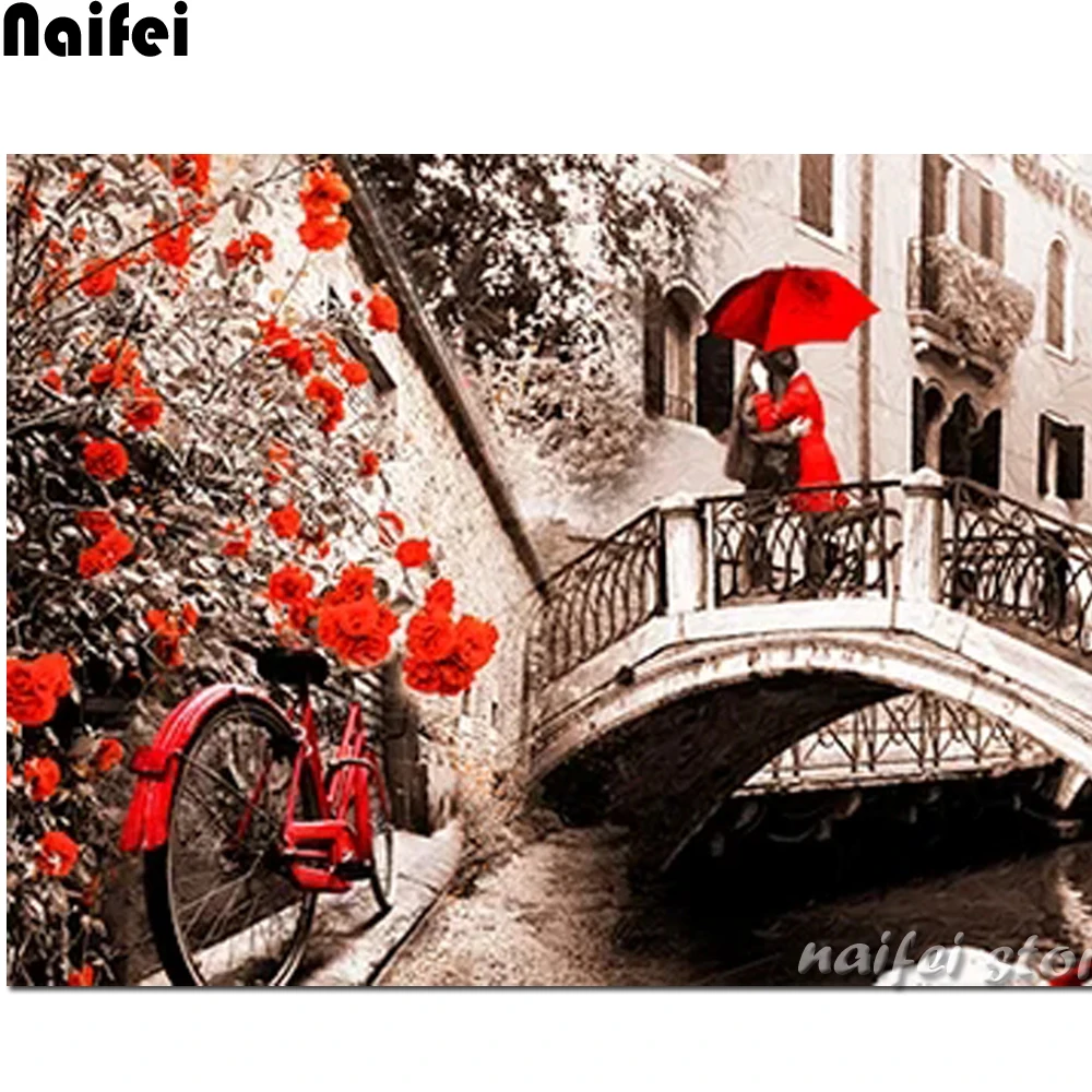 Полноразмерная Алмазная вышивка мост романтический пейзаж Красного пейзажа 5D
