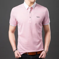 quality fine stripe high pink polo men 2021 new embroidery cotton short sleeve button turn down collar tops polo shirts y5917