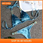 Сексуальное бархатное бикини с кристаллами и бриллиантами 2021, Женский бандажный купальник, Женский раздельный купальный костюм в бразильском стиле с лямкой на шее