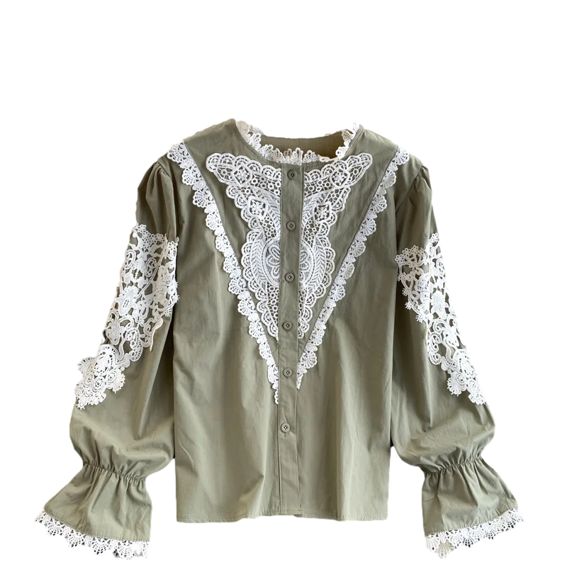 

Spring Autumn Fashion New Shirt Female Hollow Lace Stand Collar Stitching Puff Sleeve Loose All-match Blouse Female Tops UK962