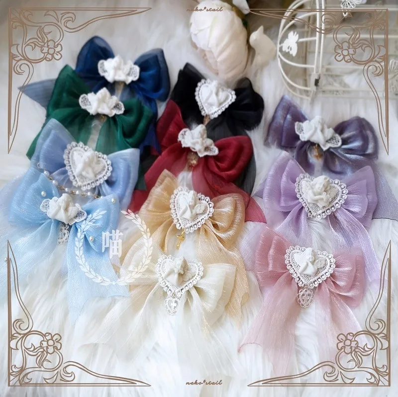 

Lolita Chiffon Bow Hairpin Headdress Cosplay Soft Girl Cute Fairy Hair Clip Side Clip Accessories Multicolour Kawaii Love Angel