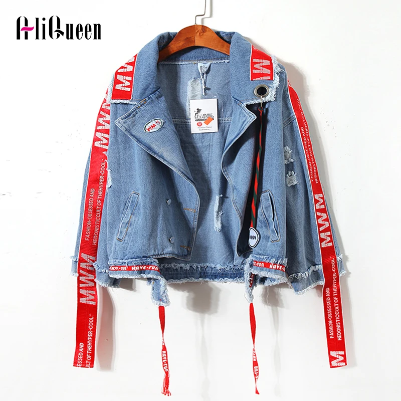 

Harajuku Streetwear Short Denim Jacket Women Hip Hop Letter Embroidery Ribbon Female Jeans Coat 2020 Casual Loose Cowboy Outwear
