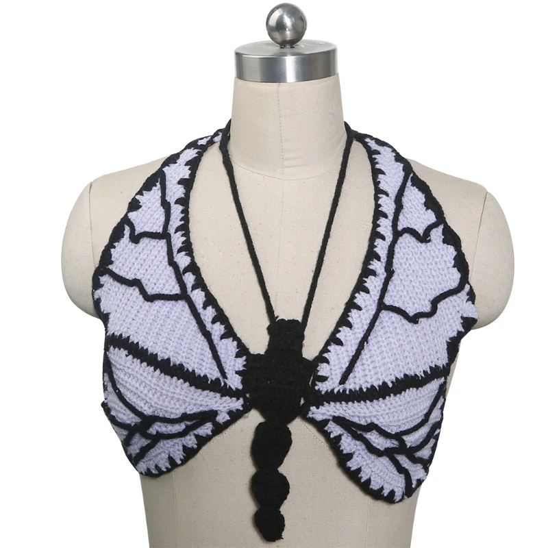 

Womens Summer Sexy Hollow Out Knit Camisole Deep V-Neck Halter Backless Crop Top Crochet Butterfly Bralette Beach Vest