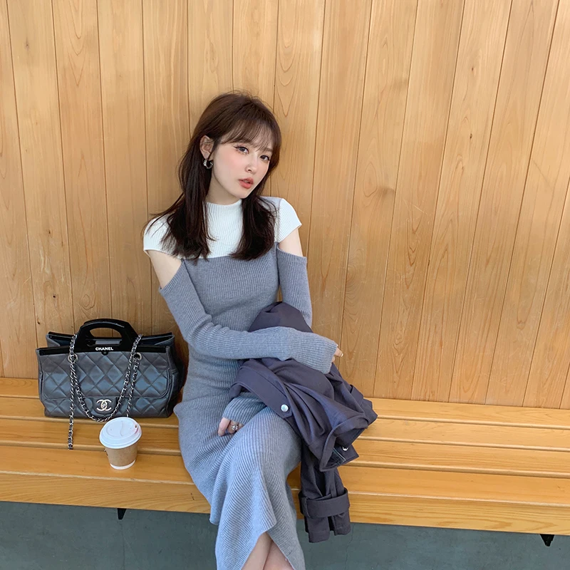 

Autumn Elegant Half High Collar Color Matching Knitted Dress Women Thicken Sweater Dress Female Long Hollow Stretch Pullover