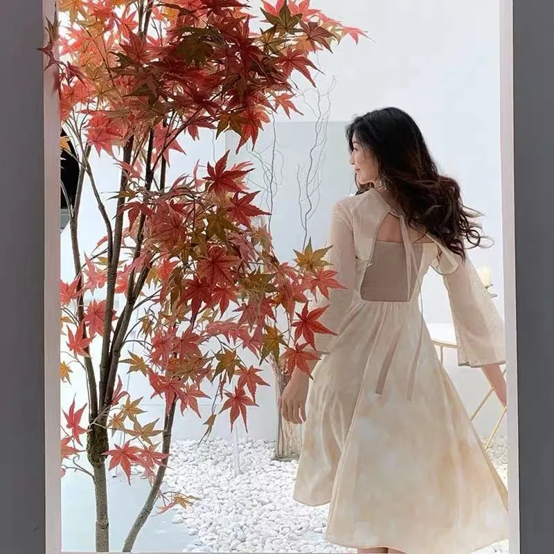 

ZWBB2 Summer Fashion Long Dress for Women Vintage Solid Green Silk Women's Clothing Causal Bohemian Sexy Soft High Waist Robe